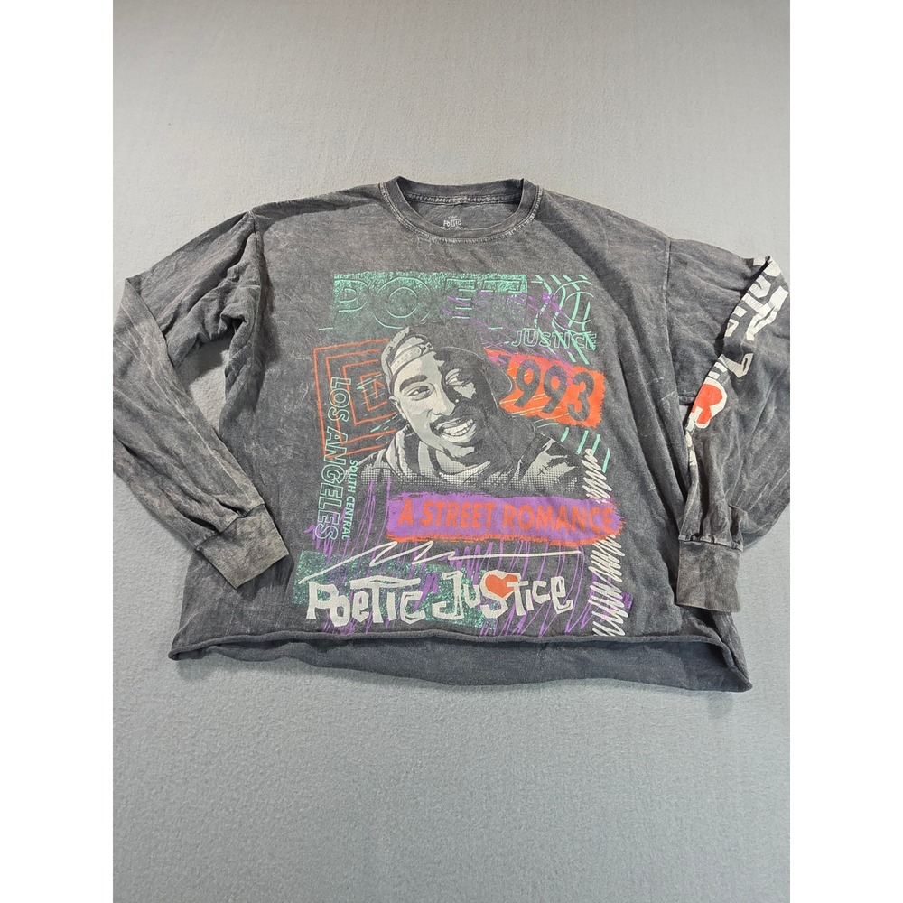 Poetic Justice Tupac 2Pac Long Sleeve Shirt Men 2X Gray Mineral Wash Cropped Tee
